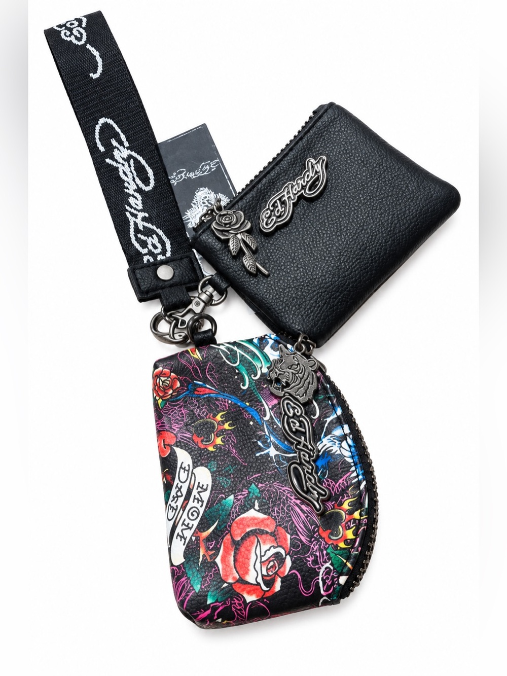 Ed Hardy Tattoo Print Dual Pouch Wristlet Keychain Set
